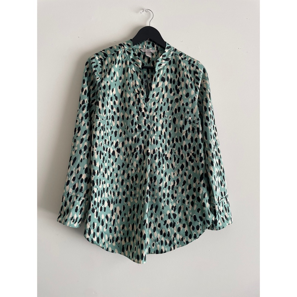 HM Womens Mint Green Abstract Animal Print Satin Blouse Split Neck Top Small